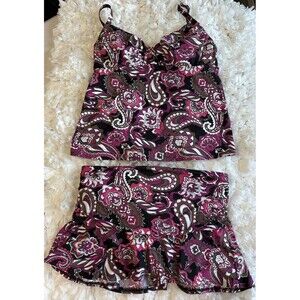 Lands' End Tankini Set Underwire Paisley Purple Pink Swim Skirt Women’s Size 8